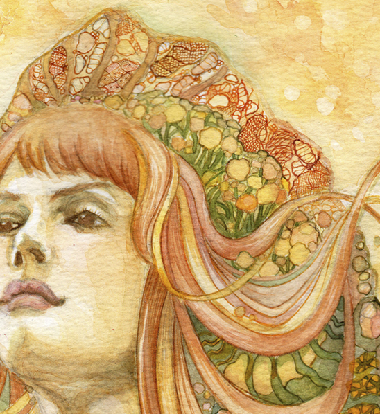 Girl in the Orange Wind, closeup on hair, lace and jewel detailing