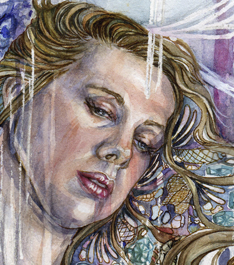 Wisteria painting, closeup on face and hair details